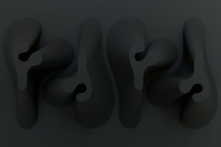 3D rendering of black abstract curved lines on black matte backgroundの写真素材