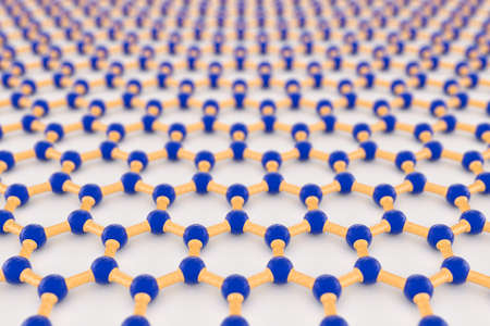 3D rendering of graphene surface, blue carbon atoms, yellow bonds, light backgroundの写真素材