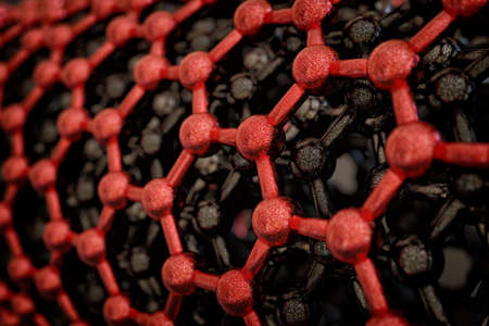 3D rendering of nanotube surface, red carbon atoms and bonds, black backgroundの写真素材