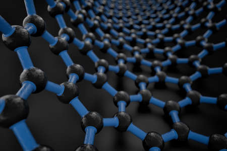 3D rendering of nanotube surface, black carbon atoms, dark blue bonds, black backgroundの写真素材