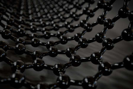 3D rendering of nanotube surface, black carbon atoms and bonds, dark backgroundの写真素材