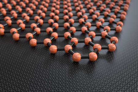 3D rendering of graphene sheet, red carbon atoms, black bonds, dark backgroundの写真素材