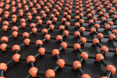 3D rendering of graphene sheet, red carbon atoms, black bonds, dark backgroundの写真素材