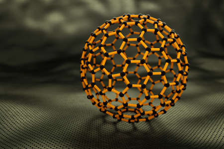 3D rendering of fullerene sphere, yellow bonds, black atoms, dark background