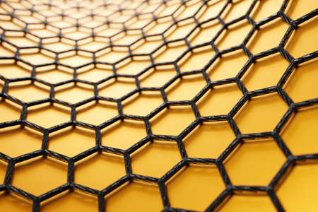 3D rendering of curved graphene surface on yellow backgroundの写真素材