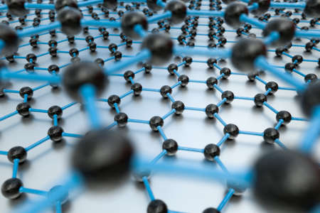 3D rendering of graphene sheets on white metalic surface, black atoms and blue bondsの写真素材