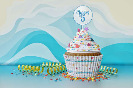 3D rendering of cupcake, text Cheers to 5 on a topper, light blue backgroundの写真素材