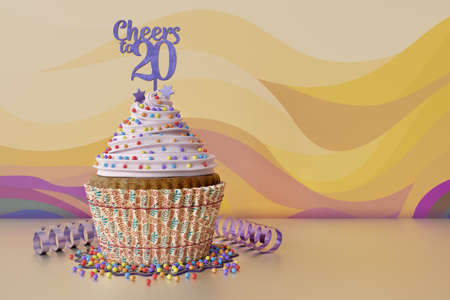 3D rendering of cupcake, text Cheers to 20 on a topper, orange backgroundの写真素材