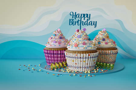 3d rendering of cupcakes on a marble plate, text Happy Birthday on a topper, blue backgroundの写真素材