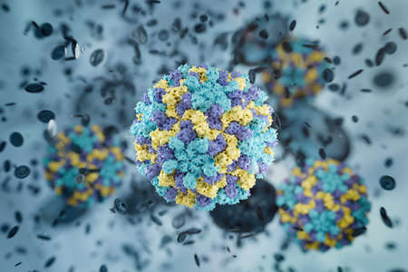 3D rendering of Nodamura Virus structure, other virus structures, water drops and other particles in the backgroundの写真素材