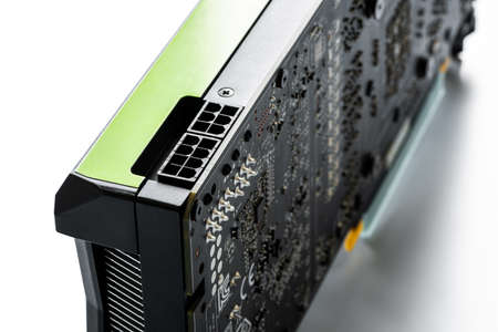 Professioinal PC gaming GPU, detail of 6 Pin and 8 Pin Power Connector, visible circuit boardの写真素材