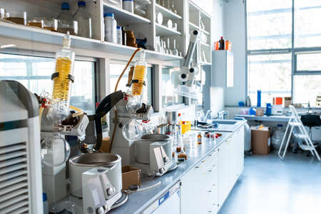 Modern laboratory. Interior of biochemistry research laboratory. Science and technology theme, focus on coolerの写真素材