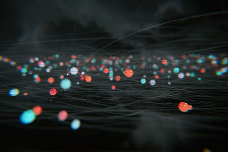 Abstract background, connected color balls with dark gray curves, dark clouds behind curvesの写真素材
