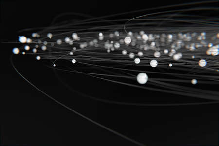 Abstract background, connected white balls with light gray curves, black background behind curvesの写真素材
