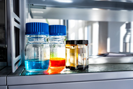 Closeup of laboratory glassware filled with blue and orange liquids, science and research background, selective focusの写真素材