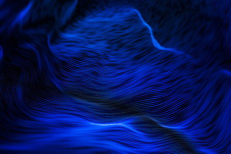 Beautiful abstract wavy curves, dark blue digital technology background, selective focus, corporate conceptの写真素材
