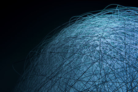 Abstract digital connected wires, blue crossing curves, deep lerning network, modern technology conceptの写真素材