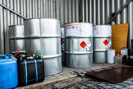Big metal barrels containing hazardous chemicals from laboratories, business and industry background, waste management topicのeditorial素材