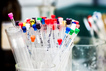 Sample tubes for NMR spectoscopy method, scientific research background, colorful tips on tubes, selective focusの写真素材