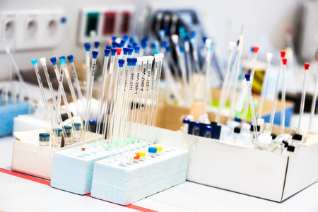 Sample tubes for NMR spectoscopy method, scientific research background, colorful tips on tubes, selective focusの写真素材