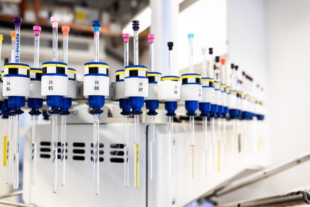 Autosampler of NMR spectrometer loaded with samples for analysis, scientific research backgroundの写真素材