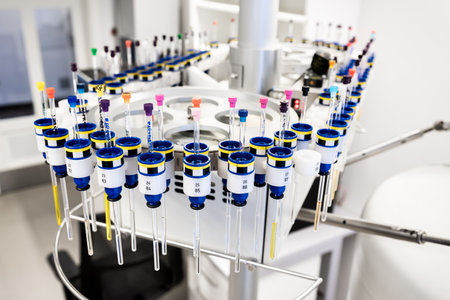 Autosampler of NMR spectrometer loaded with samples for analysis, scientific research backgroundの写真素材
