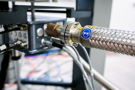 Laboratory device for scientific experiments, detail of input of liquid nitrogen and helium to the magnet and connectors to the control unit of NMR spectroscopy deviceの写真素材