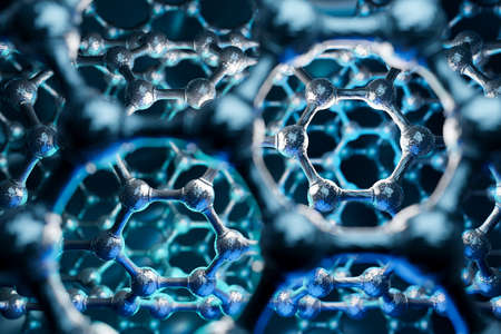 3D Rendering of nanotube structure, blue science background, technology concept, hexagonal geometric...