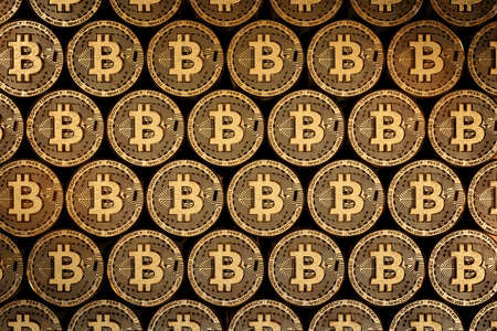 3D rendering of close-up of metal Bitcoin cryptocurrency coins, electronic decentralized money concept, future payment economy marketの写真素材