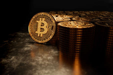 3D rendering of close-up of metal Bitcoin cryptocurrency coins, electronic decentralized money...