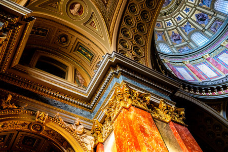 Budapest, Hungary - March 10 2022: Closeup view of a ceiling in Szent IstvÃ¡n Bazilika in Budapest, Hungaryのeditorial素材
