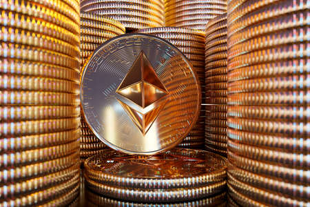 3D rendering of cryptocurrency coins, gold metallic surface, technology concept, business background