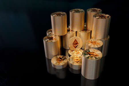 3D rendering of cryptocurrency coins, gold metallic surface, technology concept, business backgroundの写真素材