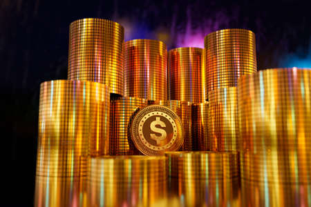 3D rendering of pile of gold dollar coins. business concept, finance background, exchange marketの写真素材