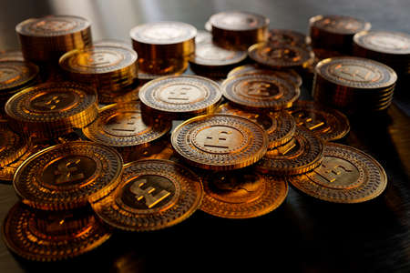 3D rendering of pile of gold pound coins. business concept, finance background, exchange marketの写真素材