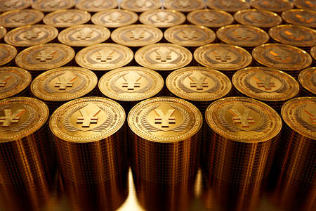 3D rendering of pile of gold Chinese yuan coins. business concept, finance background, exchange marketの写真素材