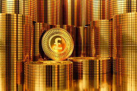 3D rendering of pile of gold pound coins. business concept, finance background, exchange marketの写真素材