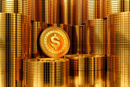 3D rendering of pile of gold dollar coins. business concept, finance background, exchange marketの写真素材