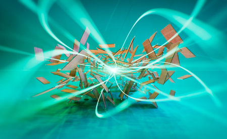 Abstract background, technology concept, 3D rendering, orange rotating squares, blue moving light raysの写真素材