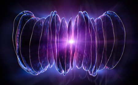 Abstract background, technology concept, 3D rendering, glass circles with colorful light emitter, center purple light raysの写真素材