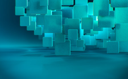Abstract background, technology concept, 3D rendering, blue matte squares on dark blue backgroundの写真素材