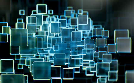 Abstract background, technology concept, 3D rendering, glass squares with colorful light emitterの写真素材