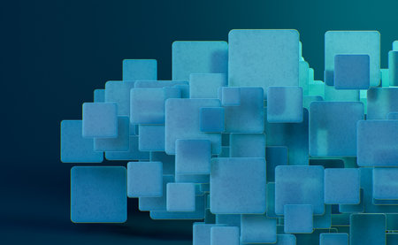 Abstract background, technology concept, 3D rendering, matte glass squares with colorful light emitterの写真素材