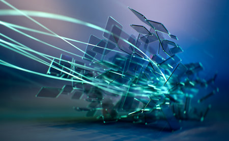 Abstract background, technology concept, 3D rendering, transparent glass rotating squares, moving light raysの写真素材