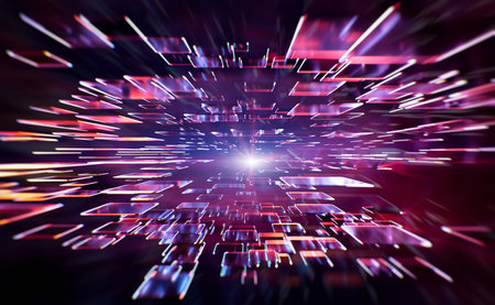 Abstract background, technology concept, 3D rendering, flying glass squares with colorful light emitter, center purple light raysの写真素材