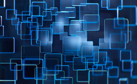 Abstract background, technology concept, 3D rendering, translucent blue glass squares with colorful light emitterの写真素材