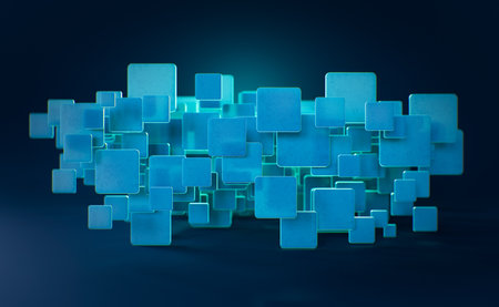 Abstract background, technology concept, 3D rendering, matte glass squares with blue light emitterの写真素材