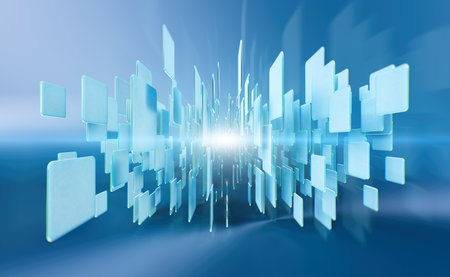 Abstract background, technology concept, 3D rendering, flying blue squares, center light raysの写真素材