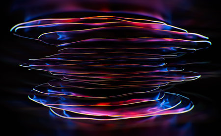 Abstract background, technology concept, 3D rendering, glass circles with colorful light emitterの写真素材