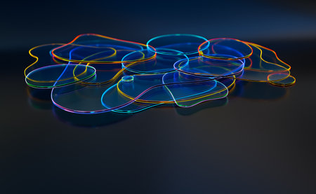 Abstract 3d background wallpaper with glass curved shapes with colorful light emitter iridescent neon holographic edges. Design visual element for banner header poster or coverの写真素材